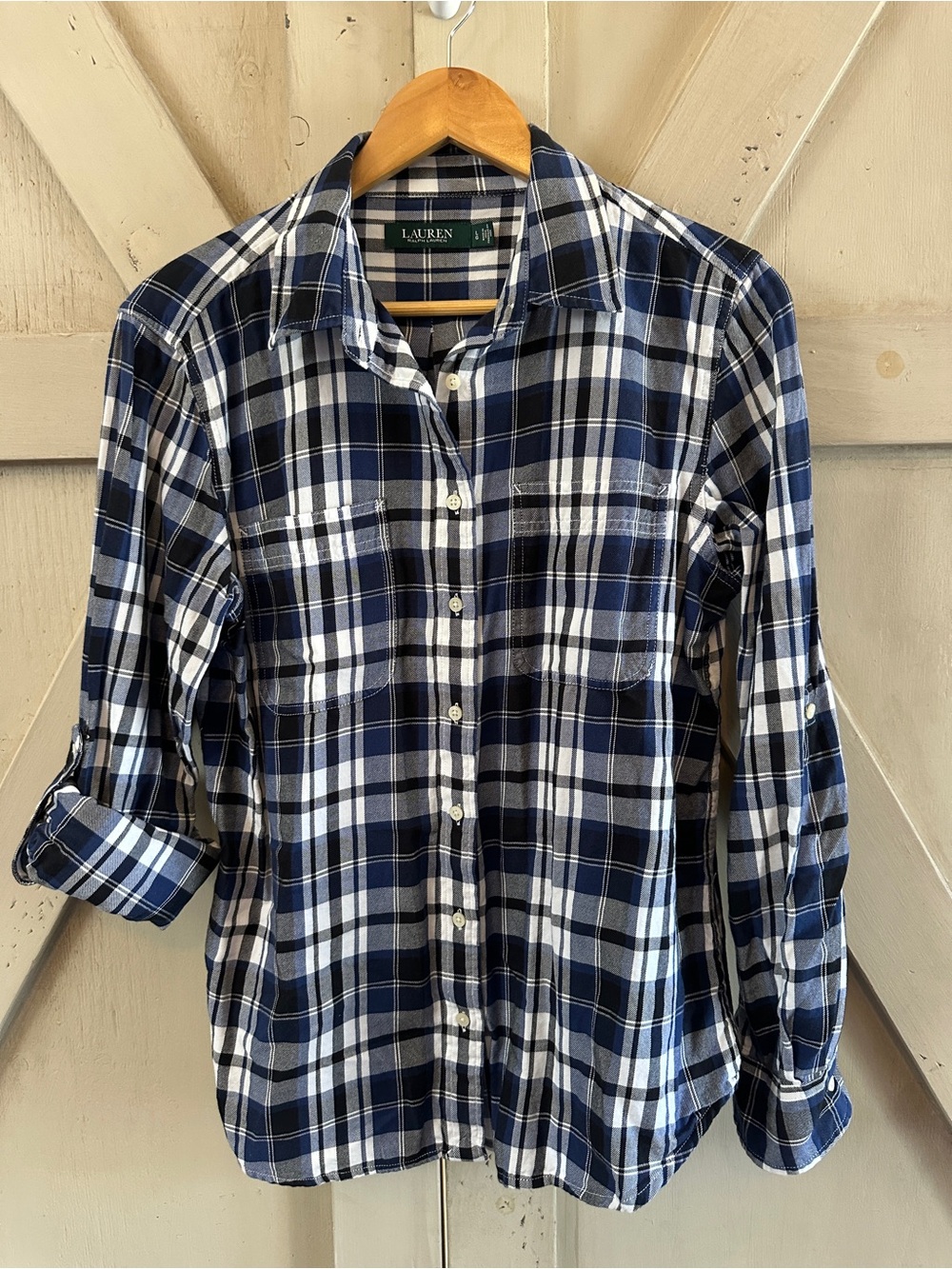Lauren Ralph Lauren Blue Plaid Button Front Cotton Shirt Women’s Large